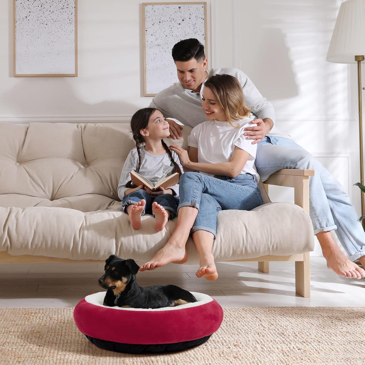 round Donut Cat and Dog Cushion Bed, 20In Pet Bed for Cats or Small Dogs, Anti-Slip & Water-Resistant Bottom, Super Soft Durable Fabric Pet Beds, Washable Luxury Cat & Dog Bed Red